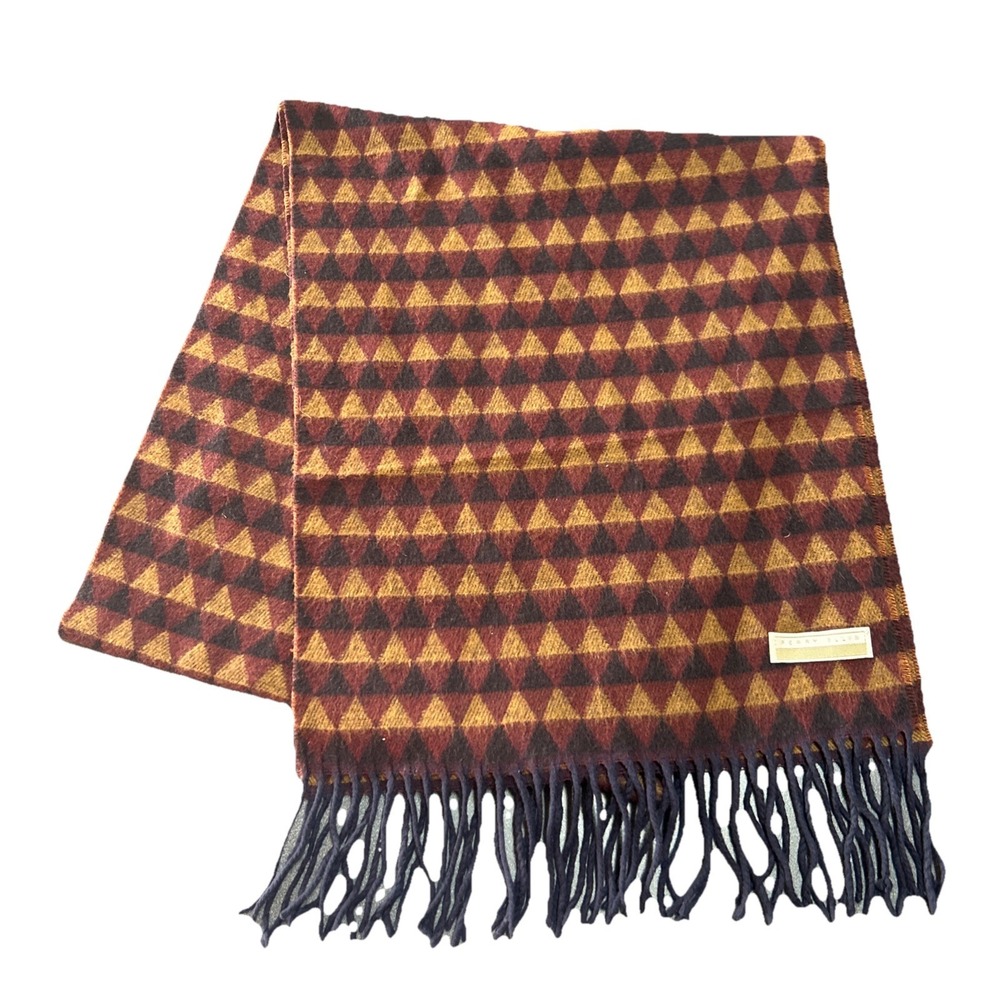 Perry Ellis Cashmere Scarf Brown Tan Black Geometric Fringe Soft Warm‎ Unisex